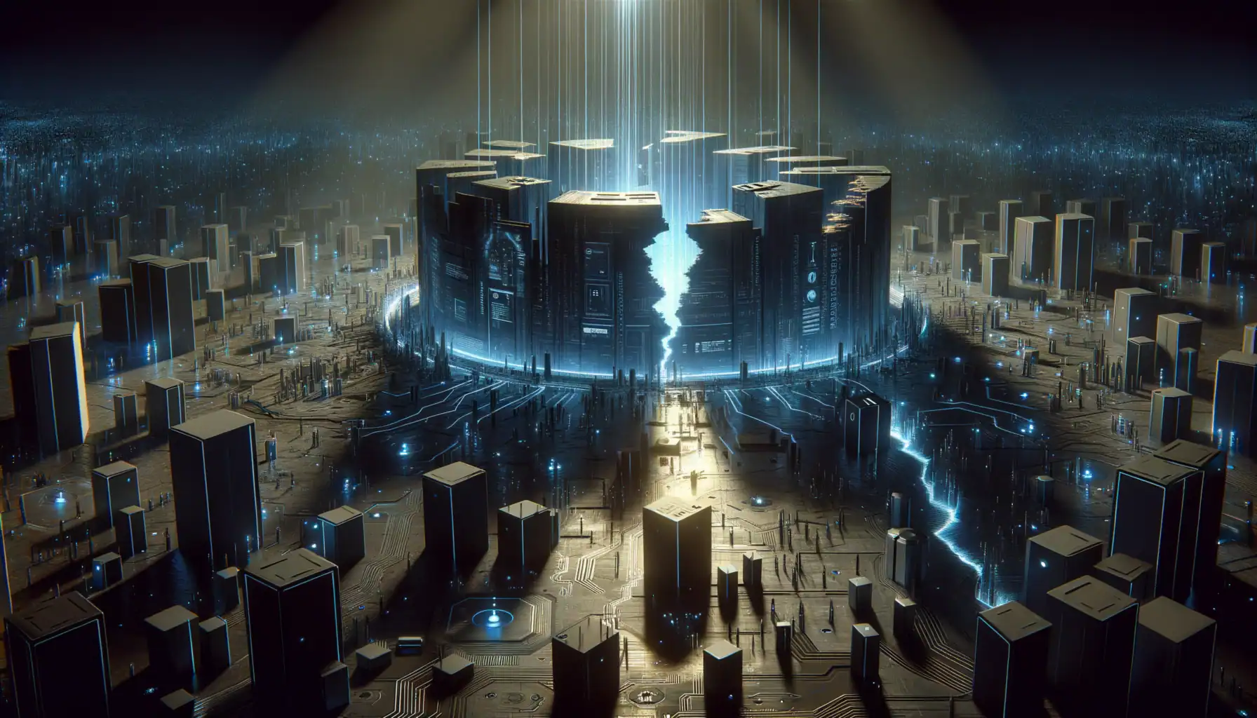 Hackeo millonario a Cetus Protocol expone debilidades en protocolos DeFi Ciudad futurista con edificios brillantes y una estructura central iluminada.