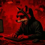 Anthropomorpher Fuchs mit Hoodie vor Computermonitoren – Red Team Spezialist