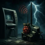 A computer with a lightning bolt and a red apple.
