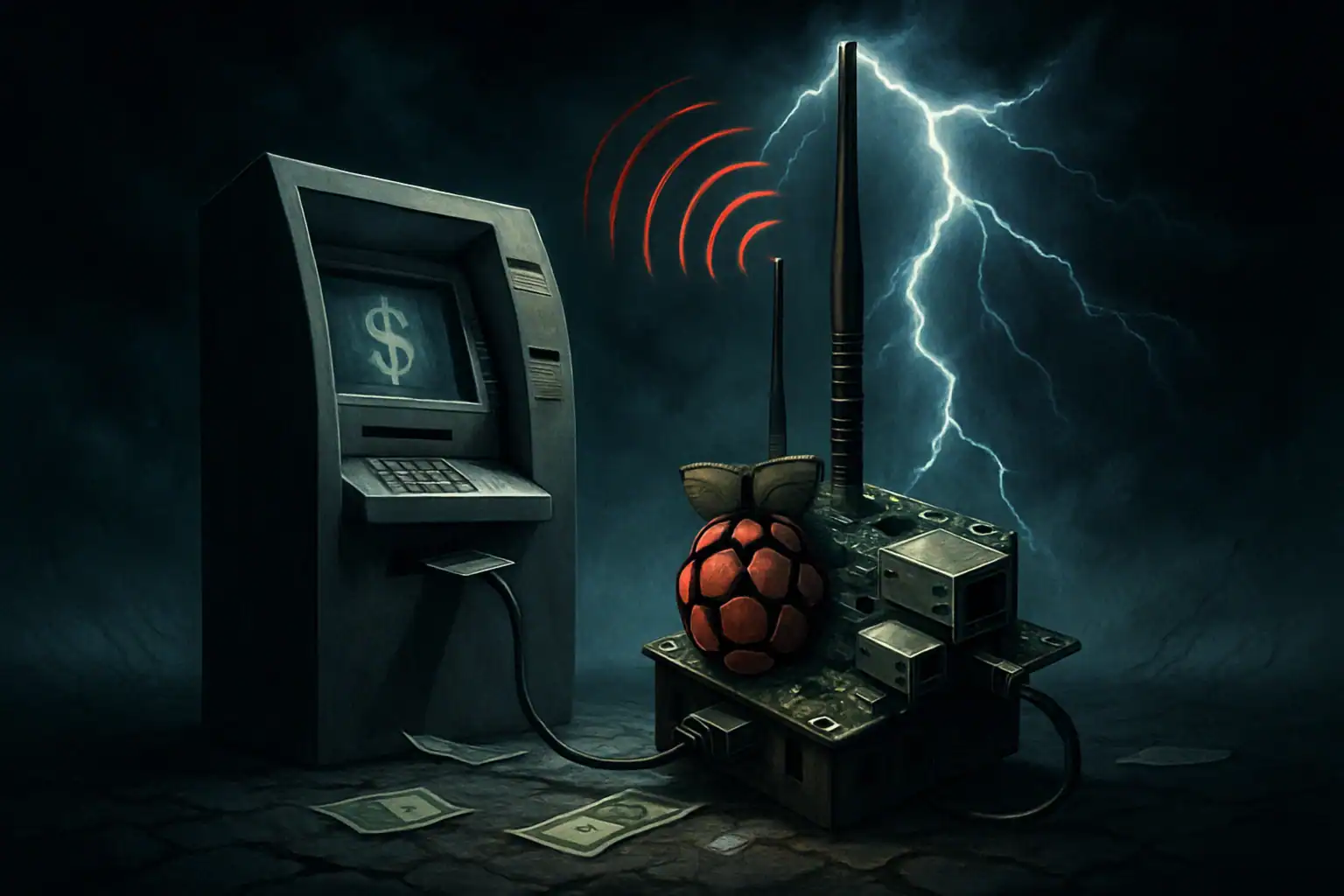 A computer with a lightning bolt and a red apple.