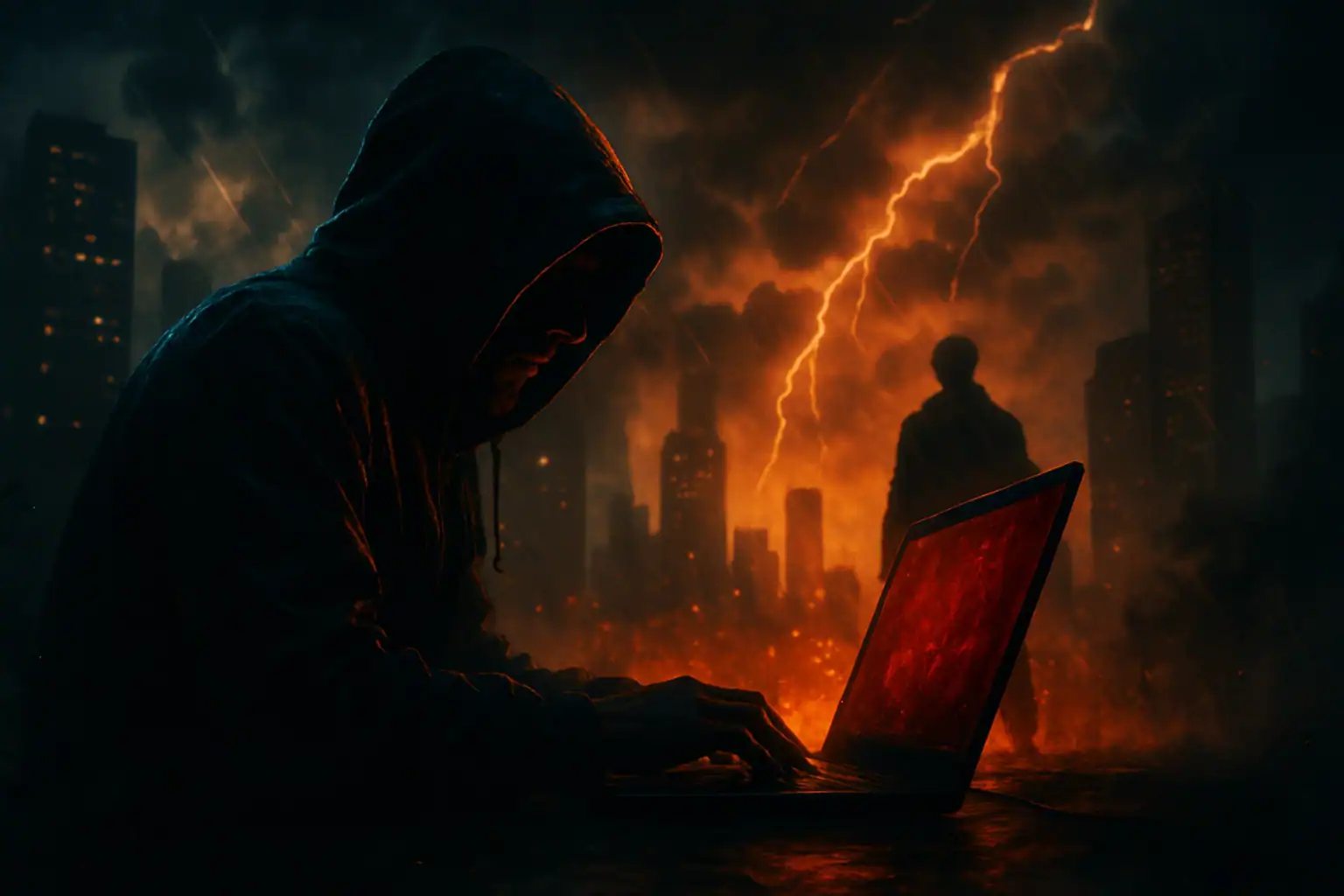 Бэкдор PipeMagic эволюционирует: новая волна атак через критическую уязвимость Windows Молодой человек в капюшоне работает на ноутбуке в мрачном городе с молниями.