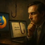Nachdenklicher Mann vor zwei Bildschirmen mit dem Firefox-Logo und einem Dokument.