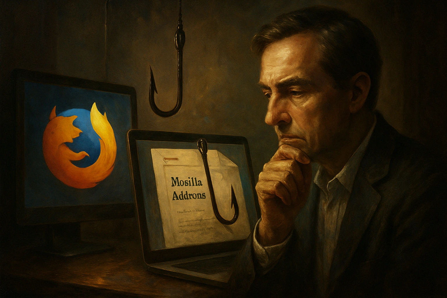 Мужчина задумчиво смотрит на два экрана с логотипами Firefox и документом.