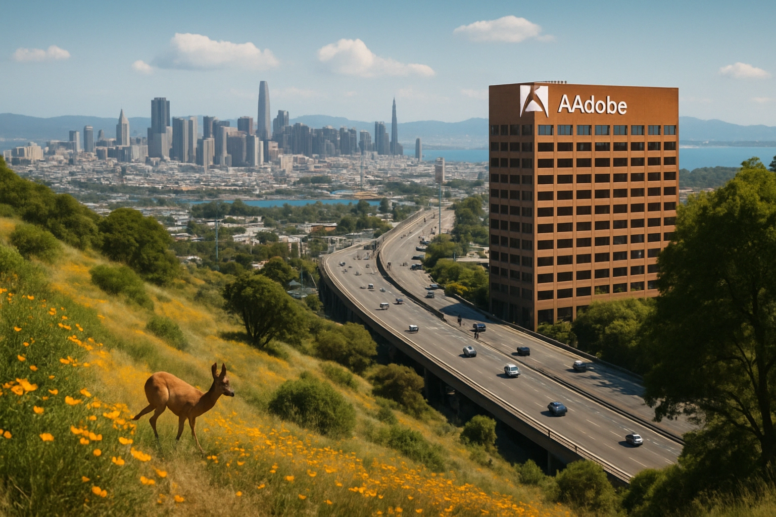 Оленица на фоне городского пейзажа и офисного здания Adobe.