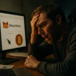 Hombre angustiado frente a una computadora con aplicaciones de criptomonedas.