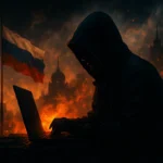 Загадочная фигура в капюшоне печатает на ноутбуке на фоне огня.