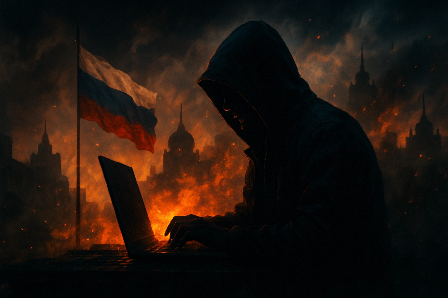 Grupo Goffee Evoluciona Sus Tácticas con Nuevas Herramientas de Ciberespionaje Avanzado ** Silueta de un hacker frente a una laptop, con fondo de llamas y bandera rusa.