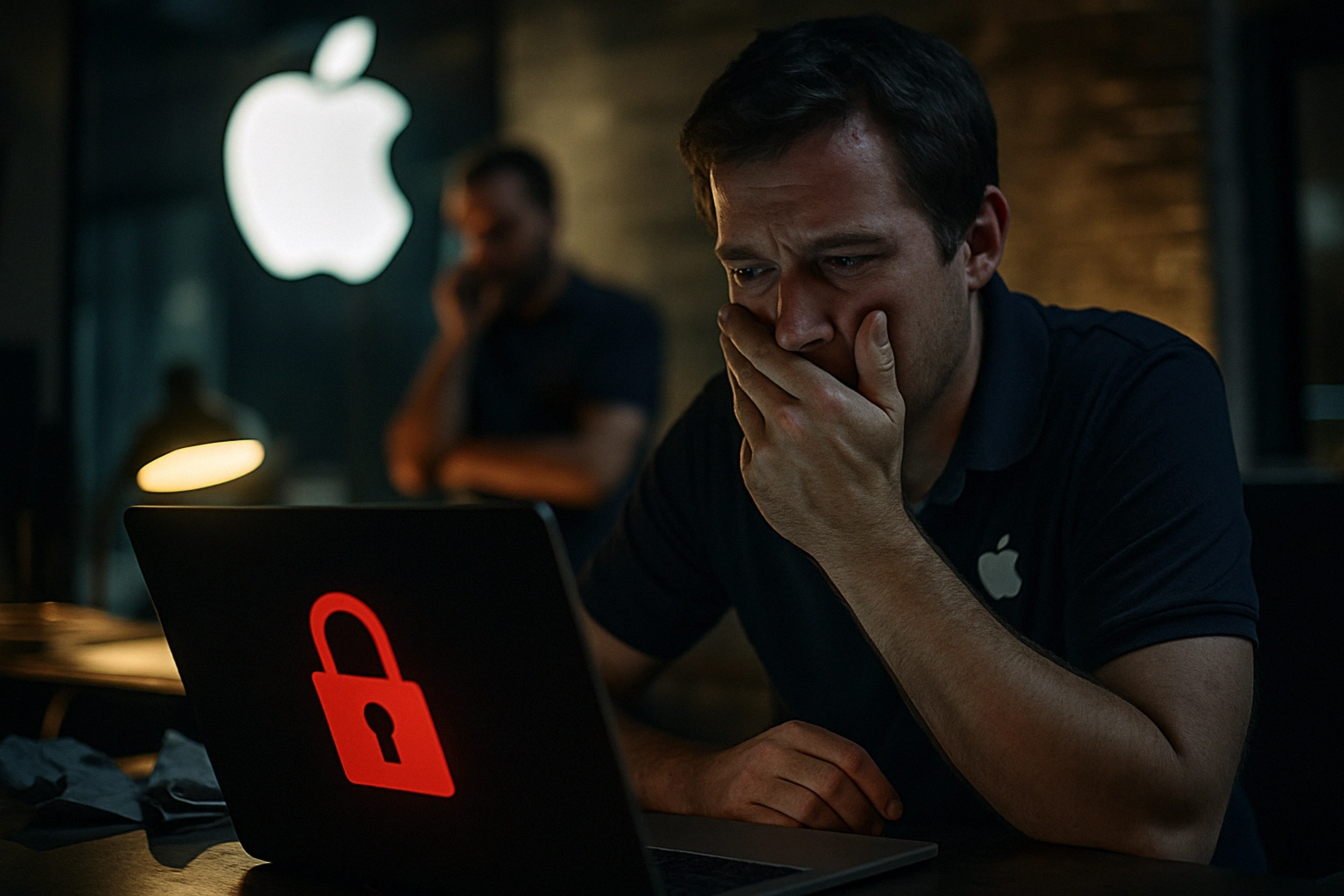 Критична 0-day уразливість CVE-2025-43300 в пристроях Apple: терміновий патч безпеки Чоловік зі стурбованим виразом обличчя дивиться на ноутбук з замком.