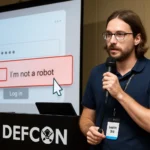 Мужчина с микрофоном на сцене DEFCON обсуждает подтверждение идентичности.