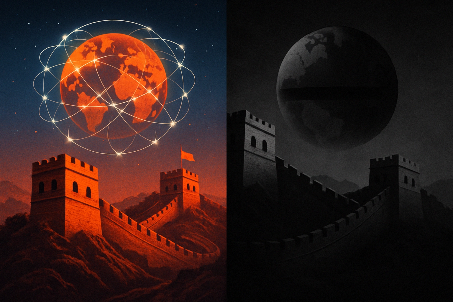 Fallo Crítico en el Gran Firewall de China Bloquea Puerto HTTPS Durante 74 Minutos Murallas de la Gran Muralla China con un planeta rojo sobre fondo oscuro.