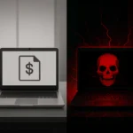 Zwei Laptops zeigen finanzielle und bedrohliche Darstellungen nebeneinander.
