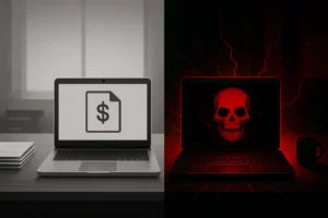 Scaly Wolf APT Group Resurfaces with Sophisticated Multi-Vector Attack on Manufacturing Sector Contrast between a financial document and a sinister skull on laptop screens.