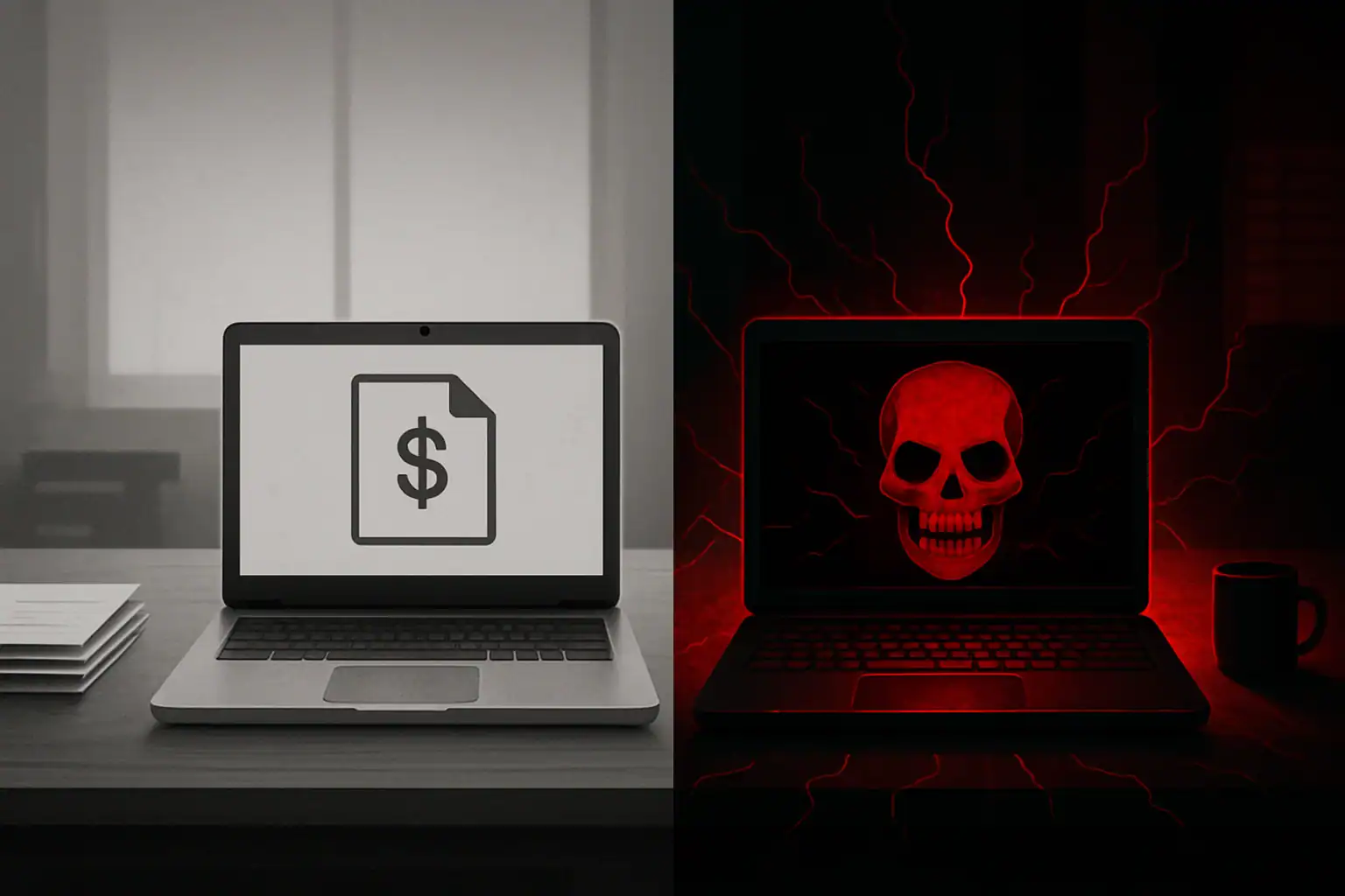 APT-група Scaly Wolf повертається з модульним бекдором Updatar та інноваційною системою обфускації Контраст між двома ноутбуками: один з грошима, інший з черепом.
