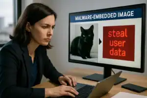 Unsichtbare Prompt-Injections: Neue KI-Bedrohung durch manipulierte Bilder Frau am Computer betrachtet gefährliche Malware-Informationen auf dem Bildschirm.