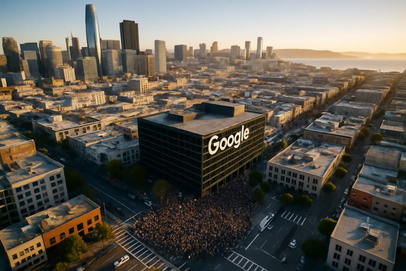 Google Search Vulnerability Exploited to Remove Content from Search Results Large crowd gathers outside a prominent Google building in a cityscape.
