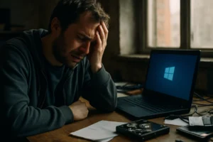 Fallas Críticas en SSD y HDD Tras Actualizaciones de Windows 11 24H2: Análisis de Ciberseguridad Hombre preocupado frente a un ordenador portátil con un disco duro y notas.