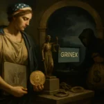 Eine allegorische Figur hält eine Bitcoin-Münze, während ein Schattenmann Geld stiehlt.