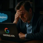 Businessman stressed while working on Google Ads at a desk.