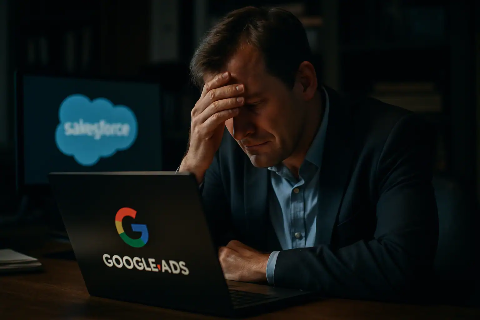 Кібератака на Google Ads: хакери ShinyHunters викрали 2,55 млн записів через Salesforce Чоловік в костюмі зі стурбованим виразом обличчя працює за ноутбуком.