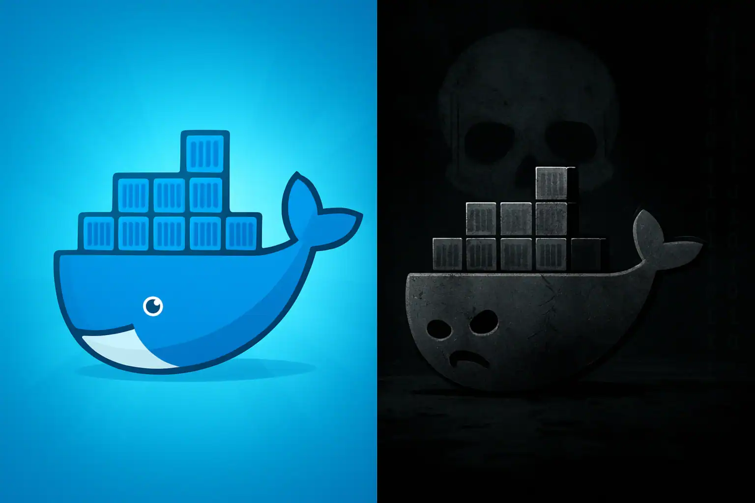 Критична загроза в Docker Hub: 35 образів містять бекдор xz Utils CVE-2024-3094 Контрастна ілюстрація, що показує синю та чорну версії контейнерного ведмедя.