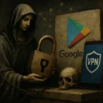 Тіньова постать тримає замок біля телефонів і символів безпеки.