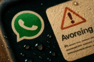 WhatsApp führt erweiterte Sicherheitsfunktionen gegen Cyberkriminalität ein Grünes WhatsApp-Logo neben einem Warnhinweis mit Wassertropfen.