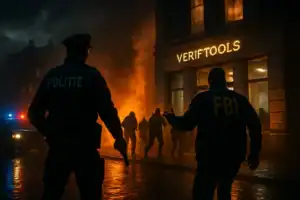 FBI und niederländische Behörden zerschlagen VerifTools - Millionenschweren Marktplatz für Dokumentenfälschungen Polizei und FBI stehen in einer dramatischen Szenerie vor einem Gebäude.