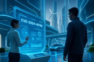 Расследование атак Akira на межсетевые экраны SonicWall: старая уязвимость вместо zero-day Два человека рассматривают голографический экран в футуристическом городе.