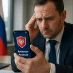 Geschäftsmann schaut besorgt auf sein Handy mit Sicherheitswarnung.