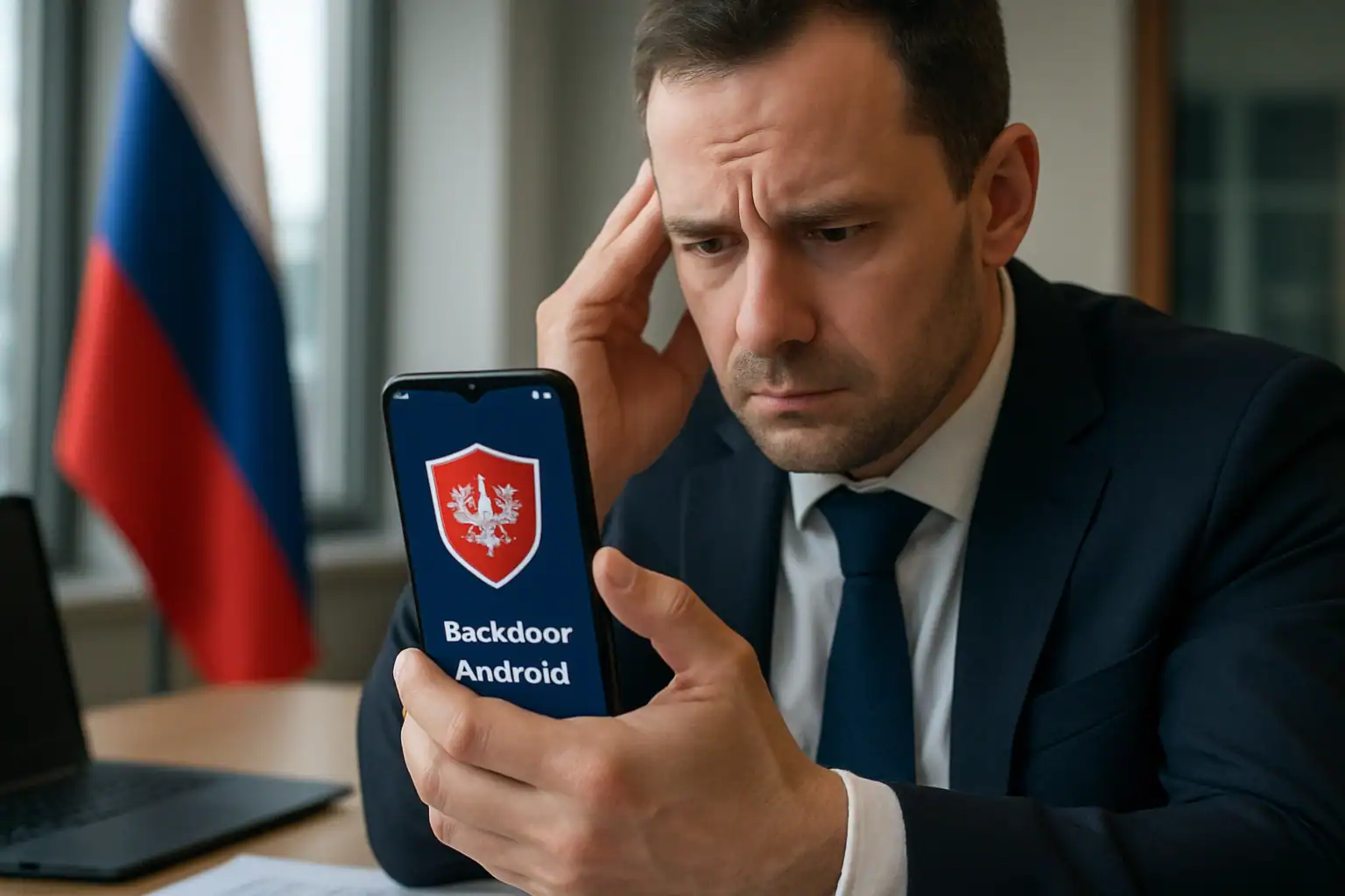 Чоловік у піджаку тримає смартфон з написом "Backdoor Android".