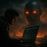 Man typing on a laptop, with a giant ominous figure looming in the background.