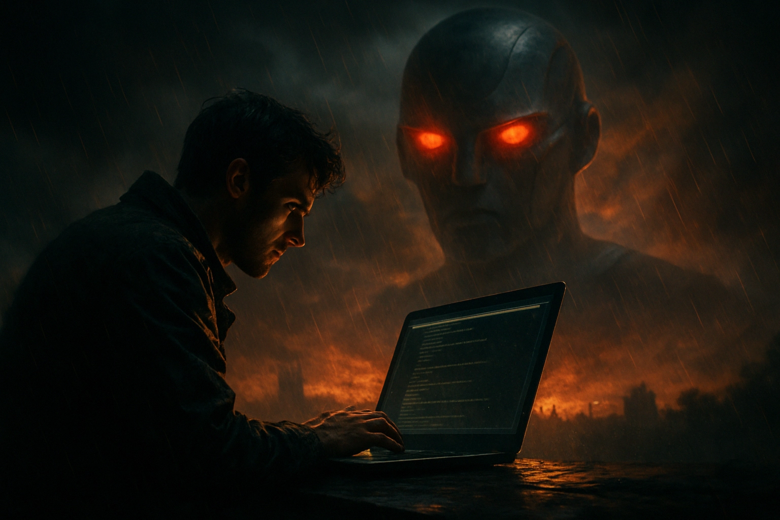 Kritische Sicherheitslücke in Google Gemini CLI: Prompt Injection ermöglicht Code-Ausführung Mann mit Laptop in düsterer Umgebung, über ihm eine riesige, leuchtend rote Statue.