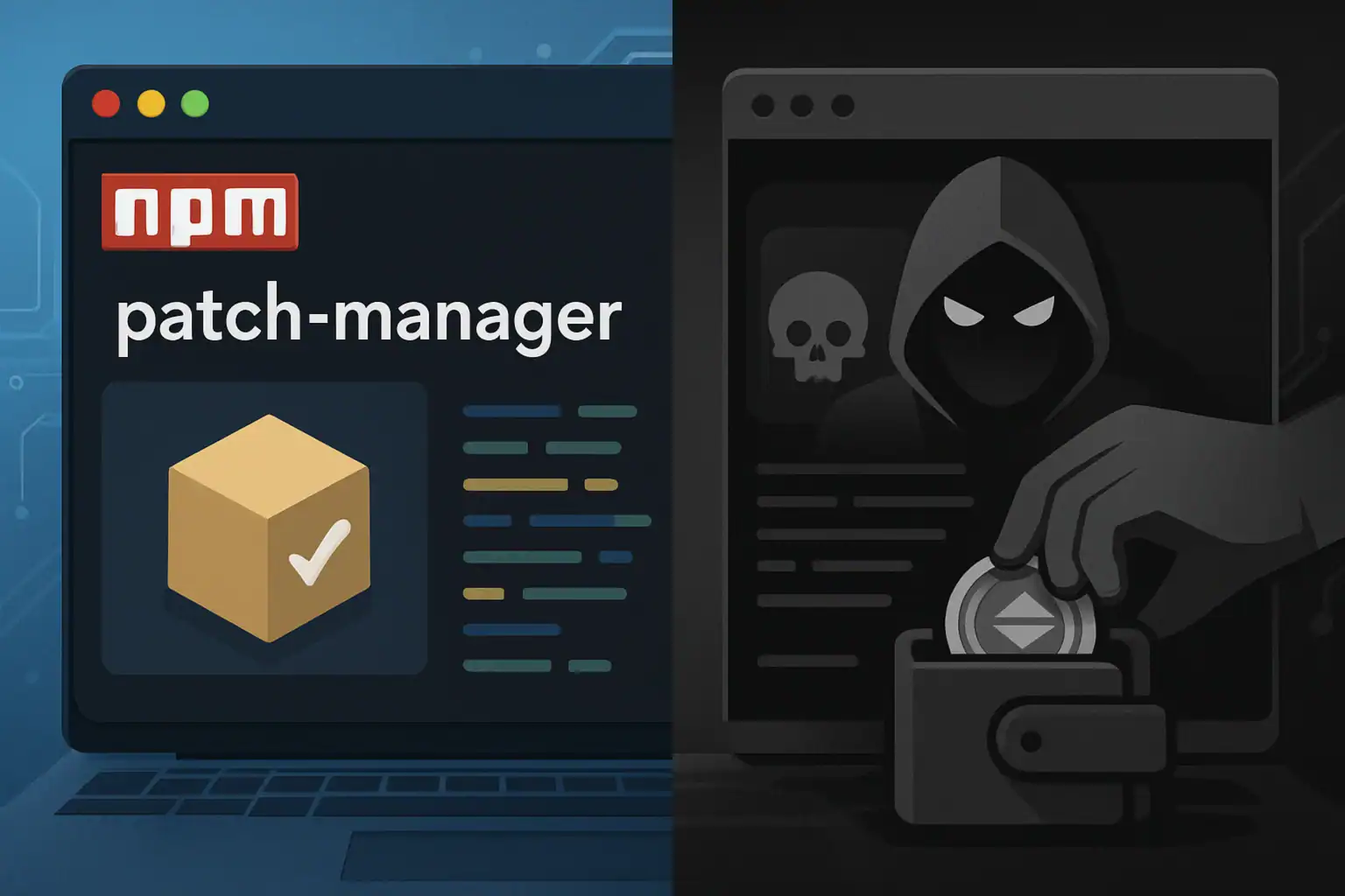 AI-Generated Malware Discovered in NPM Repository: First Cryptocurrency Stealer Created by Artificial Intelligence Two contrasting screens: safe patch manager and hacker stealing digital assets.