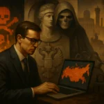 Hombre trabajando en un portátil con un fondo inquietante y elementos simbólicos oscuros.