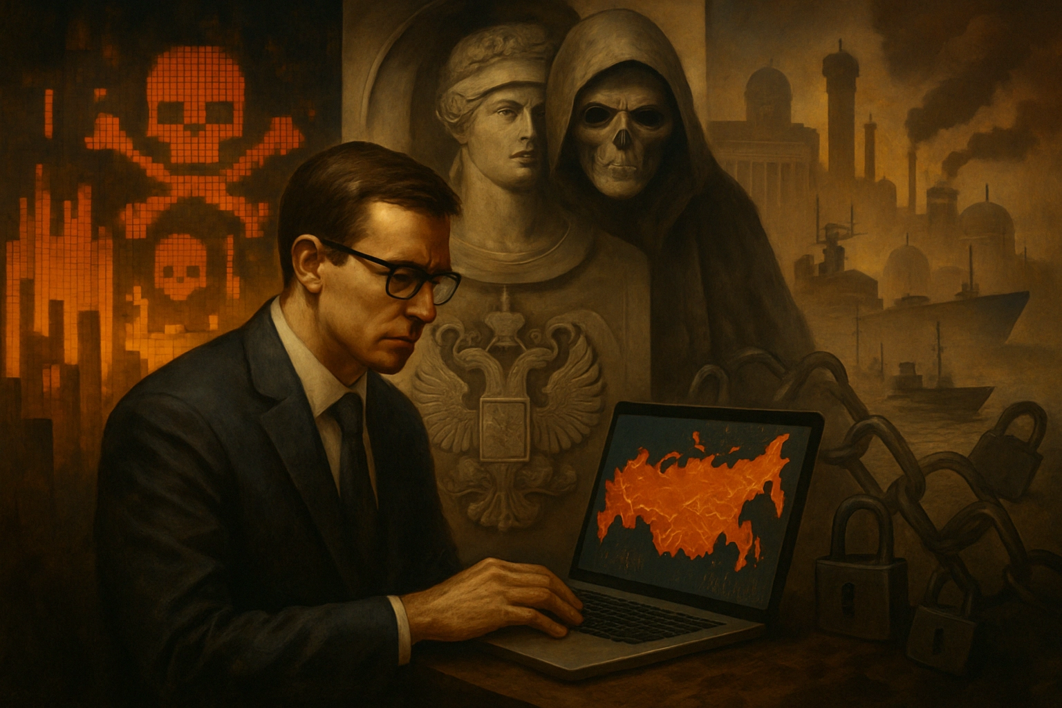 Campaña de Ciberespionaje PhantomCore: Análisis de la Infiltración Masiva en Infraestructura Crítica Hombre trabajando en un portátil con un fondo inquietante y elementos simbólicos oscuros.