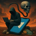Hacker in Kapuzenpullover, der auf einem Laptop sitzt, während eine Totenkopf-Silhouette schwebt.