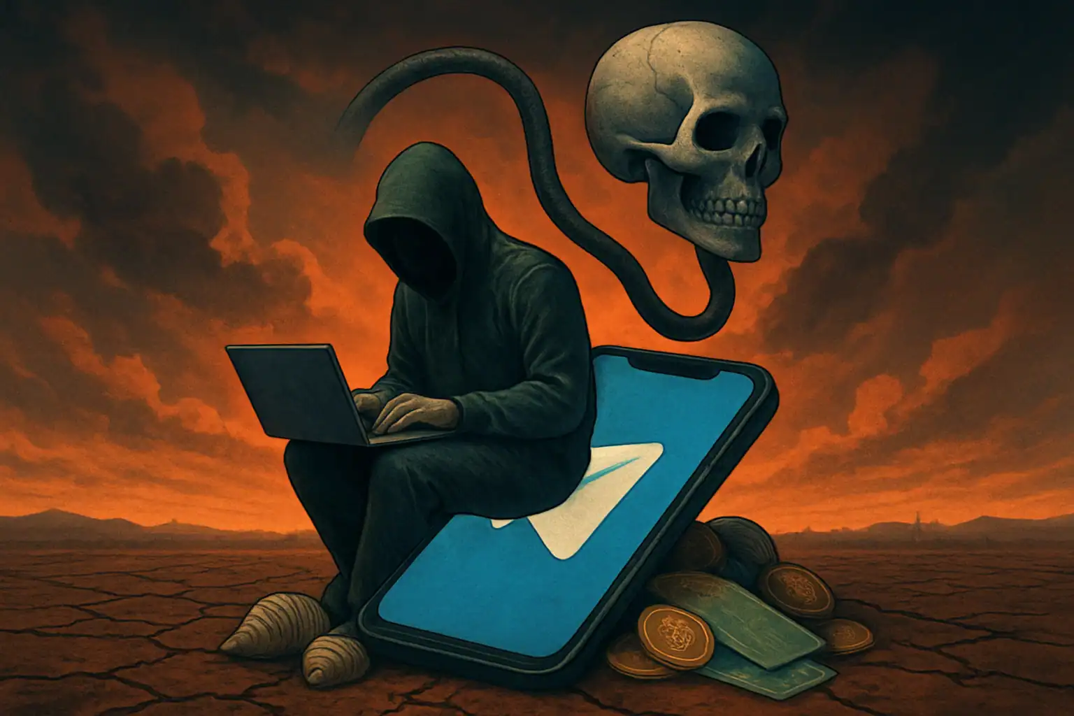 PXA Stealer Malware Campaign Compromises 4,000 Victims Across 62 Countries in 2024 Hooded figure typing on a laptop, with a skull looming above and a cracked desert background.