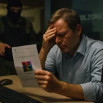 Hombre angustiado frente a un monitor, sostiene un documento en un ambiente tenso.