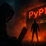 Silueta de un hacker con laptop frente a un edificio con logo de PyPI iluminado.