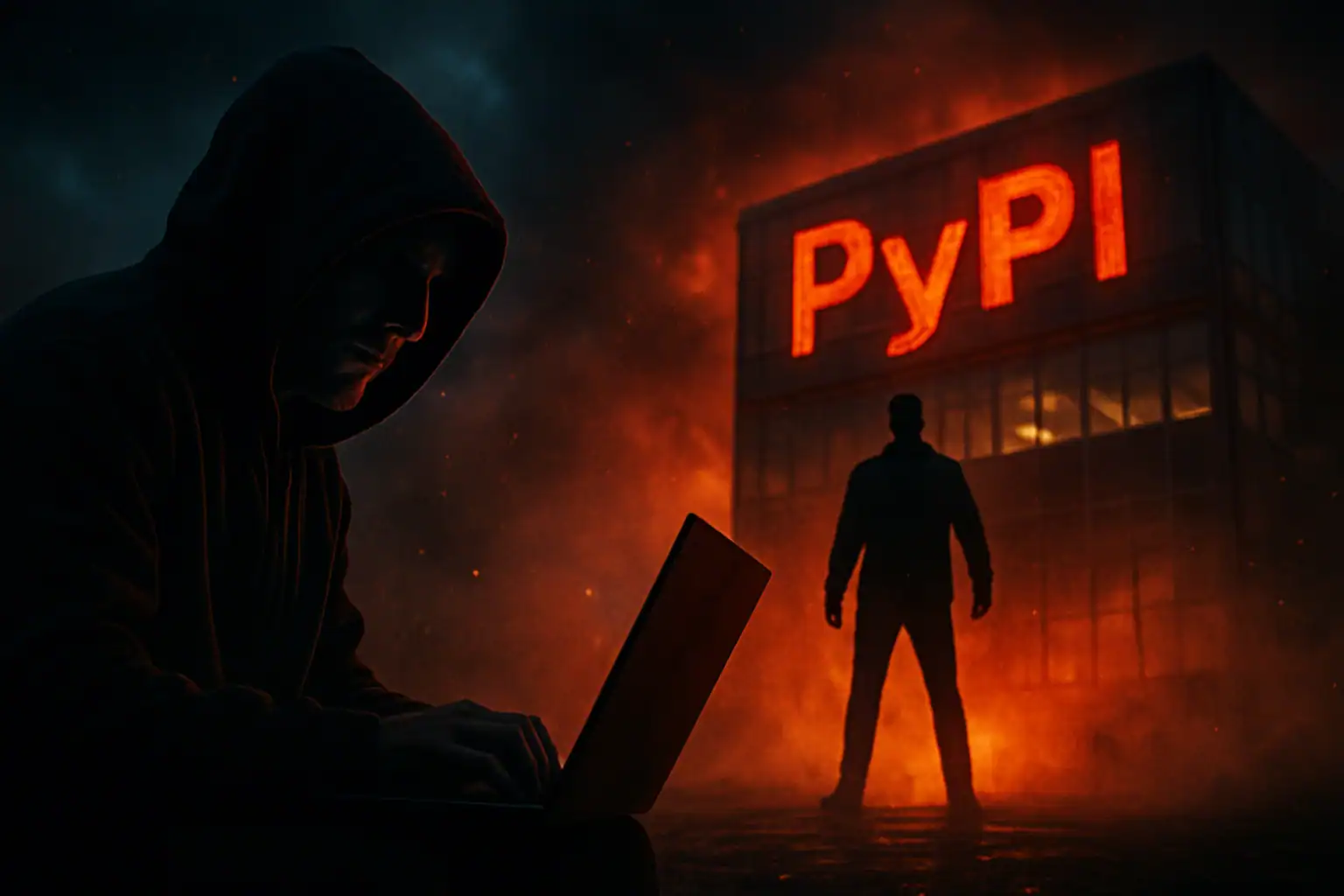 PyPI укрепляет защиту от атак на цепочку поставок через компрометацию истекших доменов Хакер за ноутбуком на фоне здания с логотипом PyPI в огненном свете.