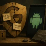 Скульптурне зображення щита з логотипом Android, смартфон та блок замка.