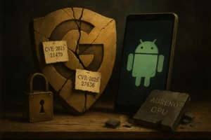 Августовские обновления Android устранили критические уязвимости Qualcomm GPU Защитный щит с логотипом Google рядом с Android-устройством и замком.