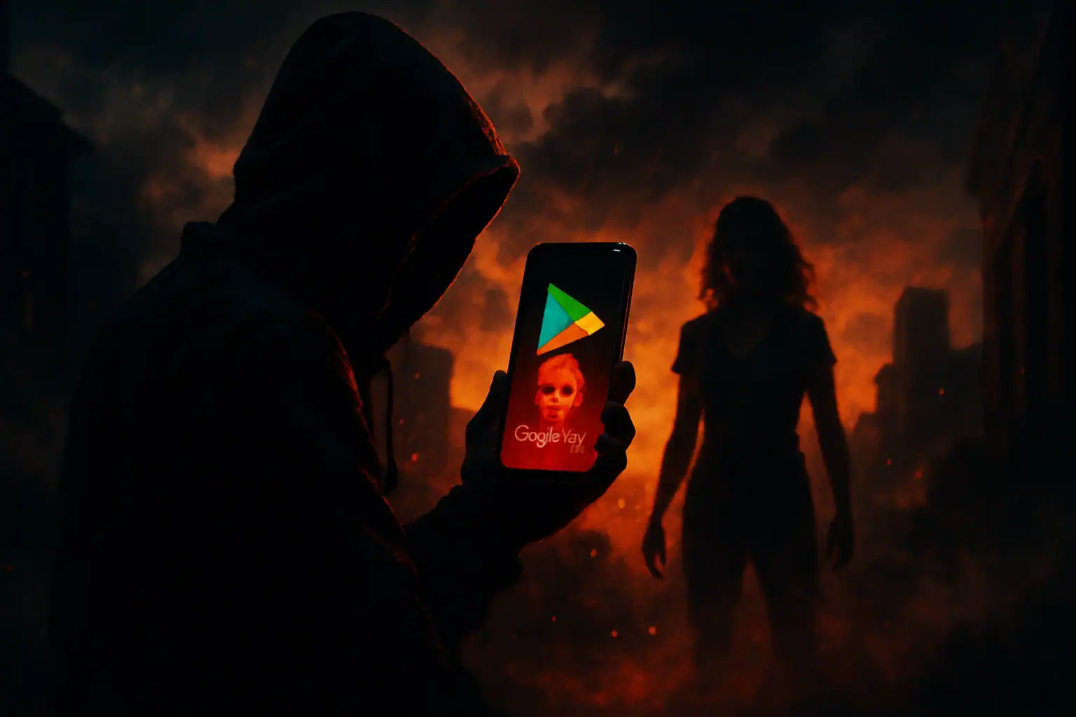 Масштабная атака на пользователей Android: 77 вредоносных приложений проникли в Google Play Store Мужчина в капюшоне держит телефон с логотипом в мрачной обстановке.