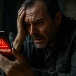Hombre preocupado mirando su teléfono con alerta de malware en pantalla.
