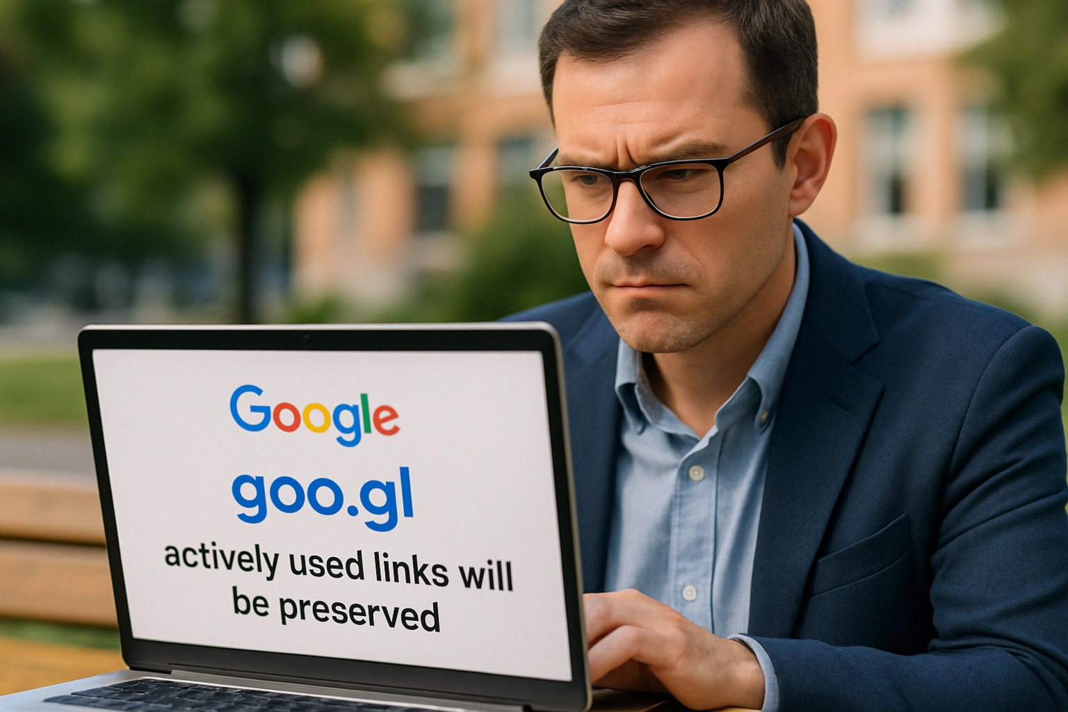 Чоловік зосереджено дивиться на ноутбук із логотипом Google.