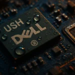 Chip de computadora Dell con gotas de agua sobre un fondo oscuro.