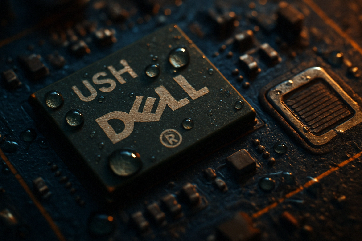 Чип с логотипом Dell, покрытый каплями воды на материнской плате.