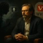 Чоловік у кріслі з серйозним виразом обличчя, поруч силует постаті.
