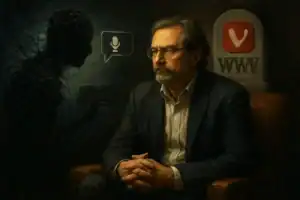 Vivaldi отказывается от интеграции ИИ: анализ рисков кибербезопасности и защиты приватности Мужчина в темном костюме сидит на диване, напротив абстрактная фигура.