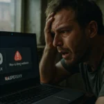 Мужчина с испуганным выражением лица смотрит на экран ноутбука.